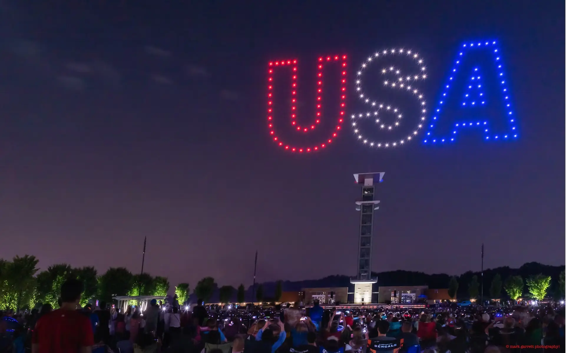 Verge Aero flies USA as letters using a swarm of light show drones on the 4th of July