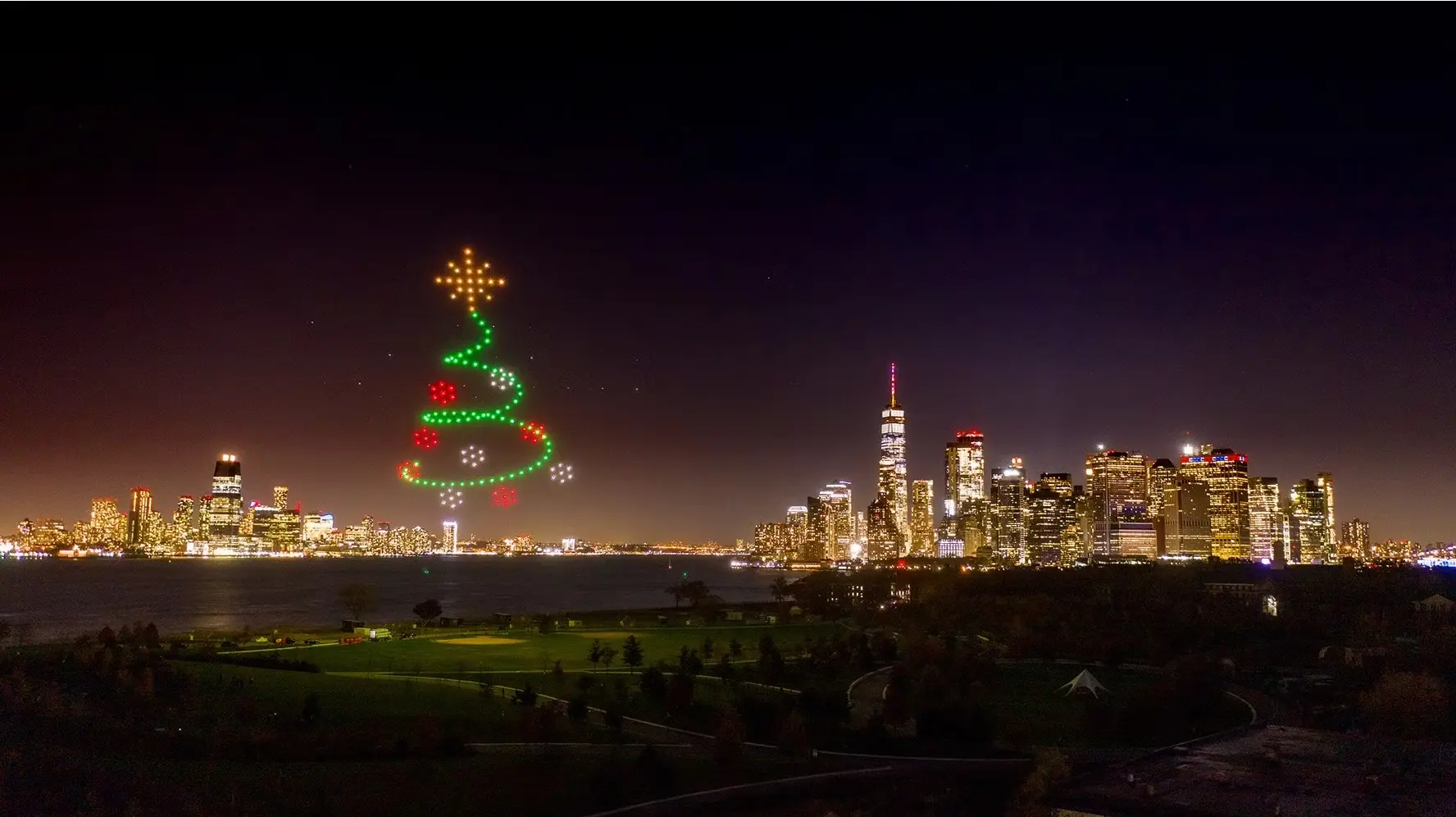 Verge Aero flies a Christmas tree over Governors Island for the holidays